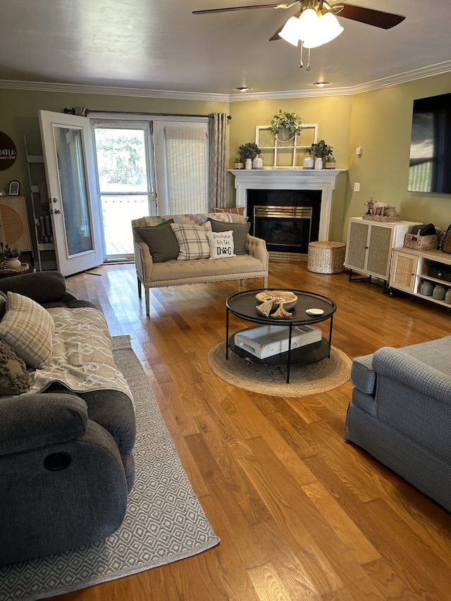 living room with ornamental molding, light wood-type flooring, and ceiling fan