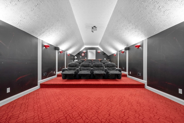 carpeted home theater with a textured ceiling and lofted ceiling