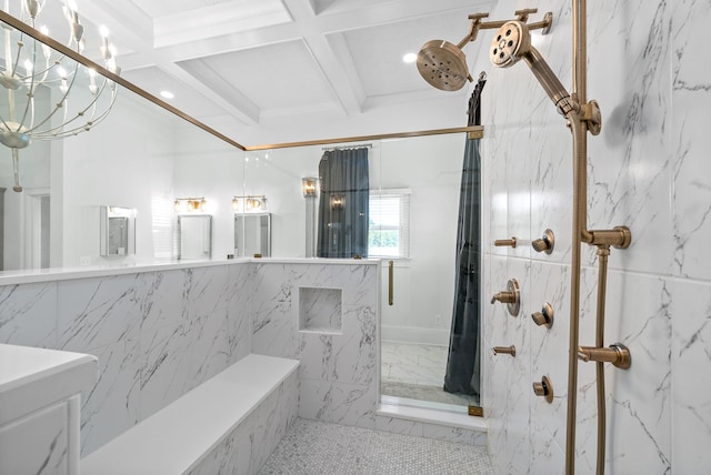 bathroom with walk in shower, beamed ceiling, vanity, and coffered ceiling