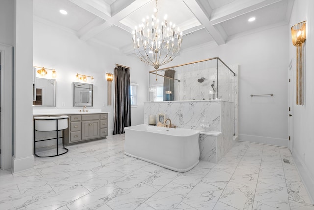 bathroom with ornamental molding, beam ceiling, vanity, and plus walk in shower