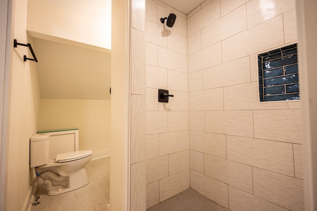 bathroom with tiled shower and toilet