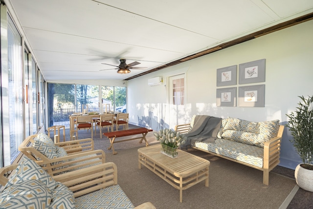 sunroom / solarium featuring a wall mounted air conditioner and ceiling fan