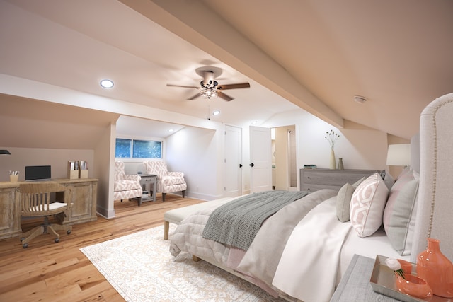 bedroom with ceiling fan, light wood-type flooring, and lofted ceiling