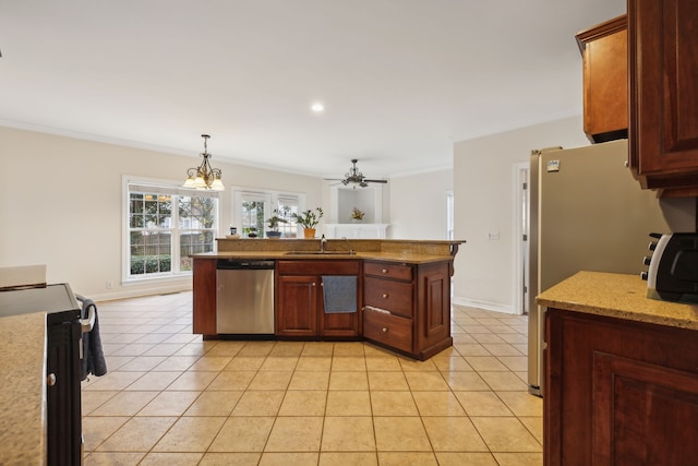 kitchen with dishwasher, light tile patterned flooring, range, and ornamental molding