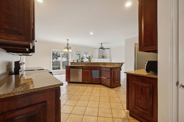 kitchen featuring dishwasher, hanging light fixtures, stove, and crown molding