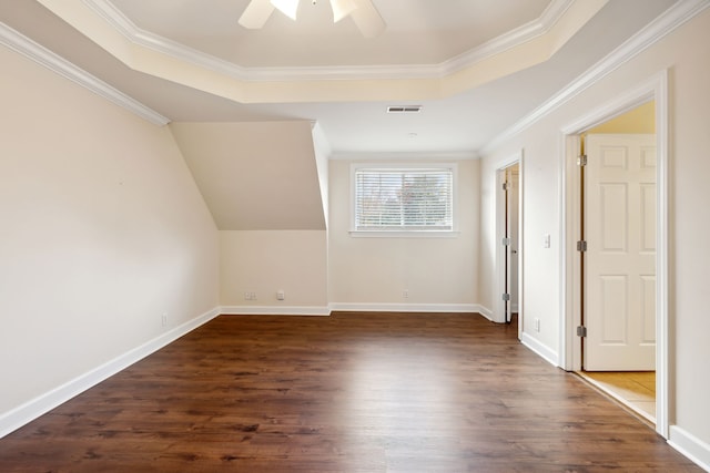 additional living space with dark wood-type flooring and ceiling fan