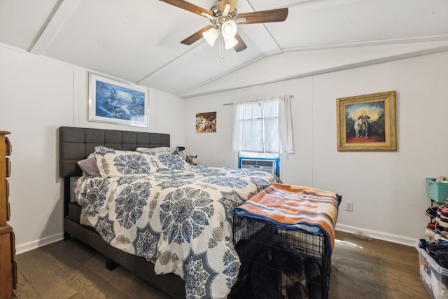 bedroom featuring ceiling fan, vaulted ceiling, and dark wood-type flooring