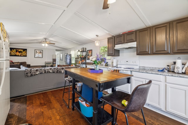 kitchen featuring vaulted ceiling with beams, white cabinets, white electric stove, and dark hardwood / wood-style flooring