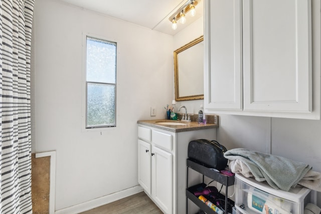 bathroom with hardwood / wood-style floors and vanity