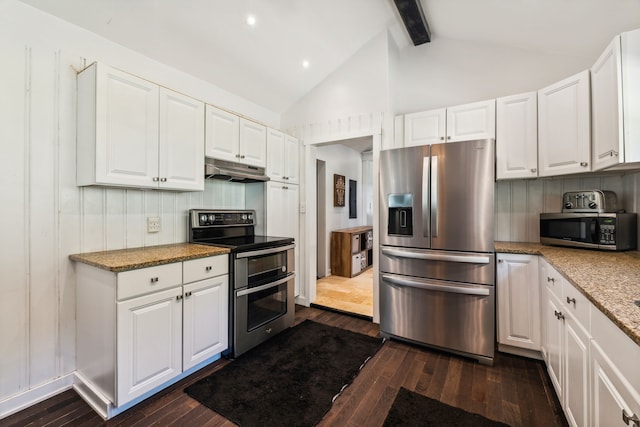 kitchen with stainless steel appliances, dark wood-type flooring, white cabinets, and beam ceiling