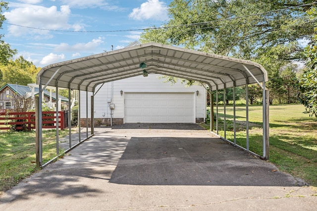 view of parking featuring a carport, a lawn, and a garage