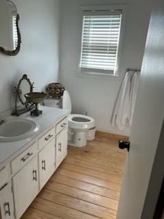 bathroom with hardwood / wood-style floors, vanity, and toilet