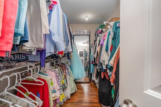 spacious closet with dark hardwood / wood-style floors