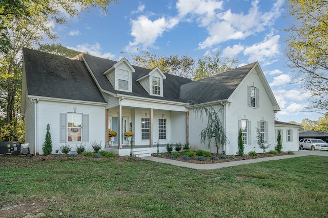 new england style home featuring a front yard and covered porch