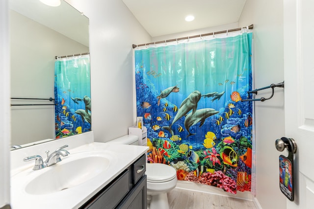 bathroom with vanity, toilet, hardwood / wood-style flooring, and a shower with curtain