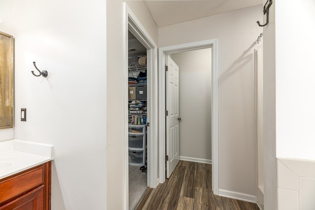 bathroom featuring vanity and wood-type flooring