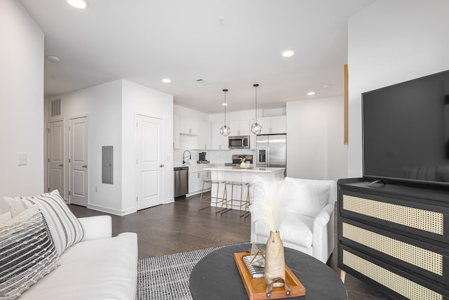 living room featuring dark wood-type flooring and sink