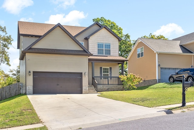 craftsman-style house with a porch, a front yard, and a garage