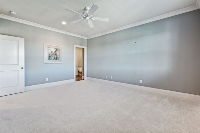 unfurnished bedroom featuring crown molding, ceiling fan, and carpet flooring