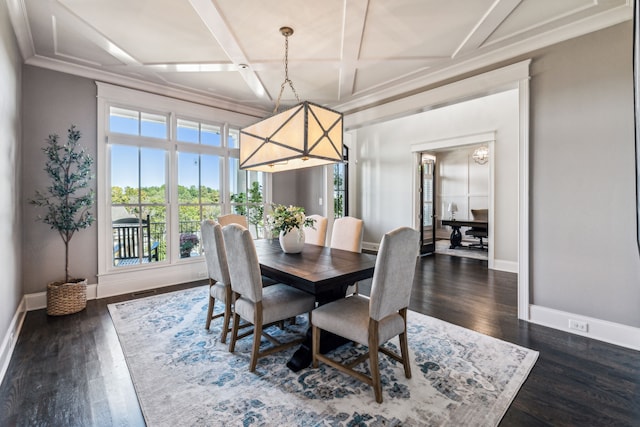 dining area with ornamental molding, coffered ceiling, and dark wood-type flooring