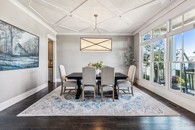 dining space featuring ornamental molding, coffered ceiling, dark wood-type flooring, and a chandelier