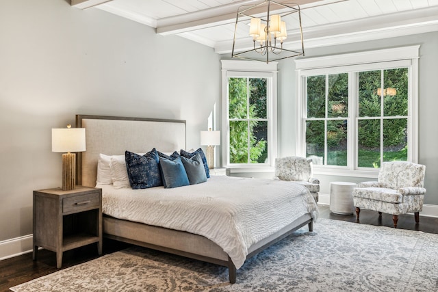 bedroom with beamed ceiling, a chandelier, wooden ceiling, crown molding, and dark hardwood / wood-style flooring