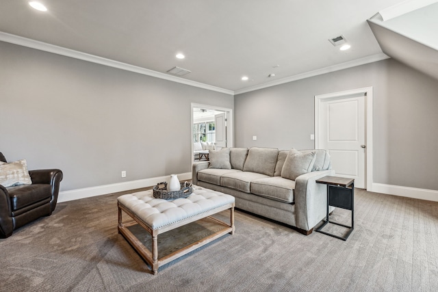 living room featuring ornamental molding, vaulted ceiling, and carpet