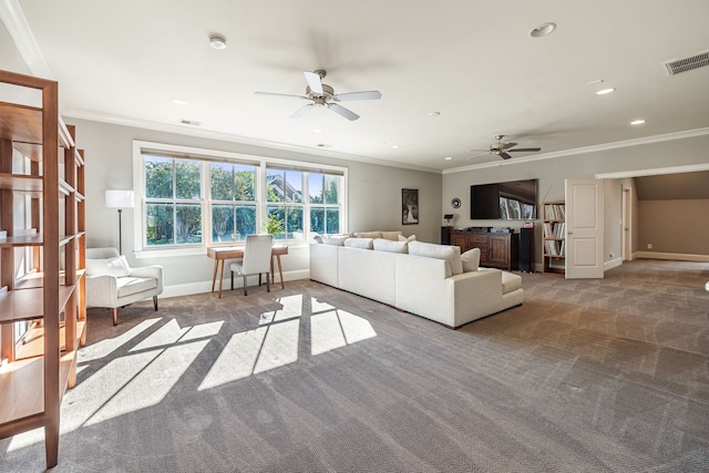 living room featuring ceiling fan, carpet floors, and crown molding