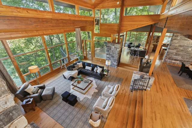 living room with wood-type flooring and high vaulted ceiling