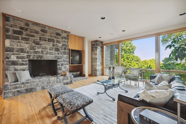 living room with wood-type flooring and a fireplace