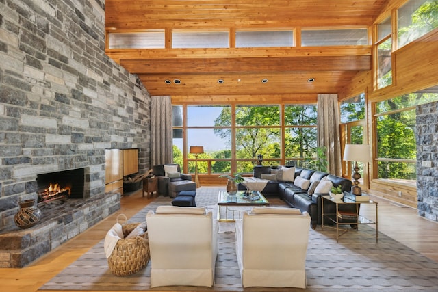 living room with a towering ceiling, a fireplace, and light hardwood / wood-style floors