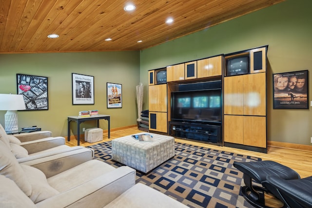 living room with hardwood / wood-style flooring, lofted ceiling, and wooden ceiling