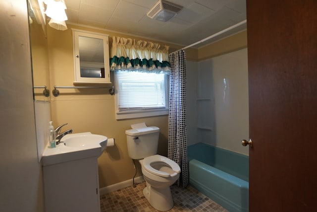 full bathroom with vanity, ornamental molding, shower / bath combination with curtain, and toilet