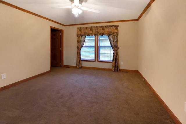 unfurnished room featuring crown molding, carpet flooring, and ceiling fan