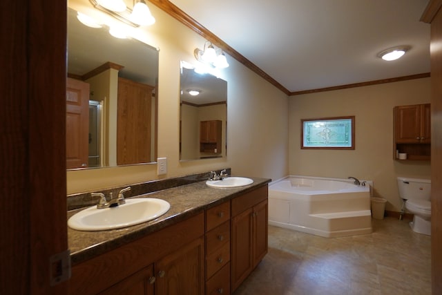 bathroom featuring vanity, crown molding, toilet, and a bathing tub