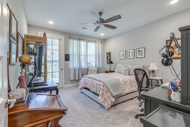 bedroom with access to exterior, carpet flooring, and ceiling fan