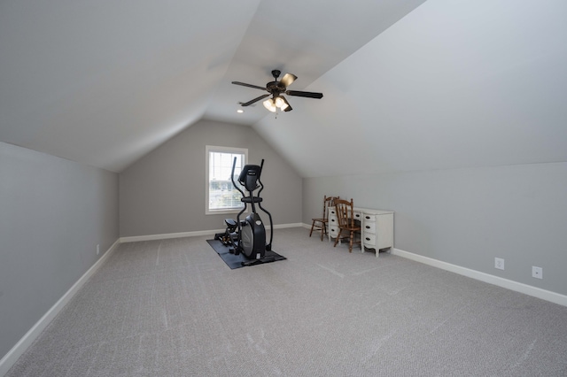 workout area with vaulted ceiling, carpet, and ceiling fan