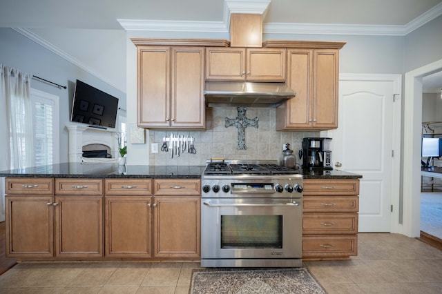 kitchen with high end stove, crown molding, light tile patterned floors, and dark stone counters