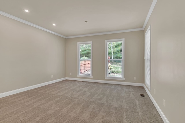 carpeted spare room featuring crown molding