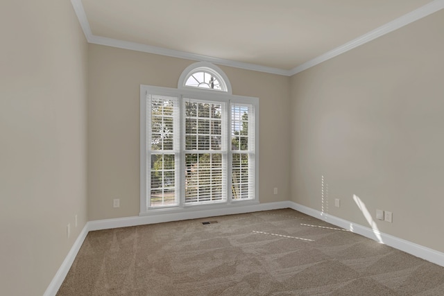 carpeted empty room featuring crown molding