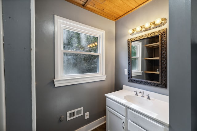 bathroom featuring wood ceiling and vanity