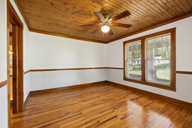 unfurnished room with ornamental molding, ceiling fan, wood ceiling, and light hardwood / wood-style floors