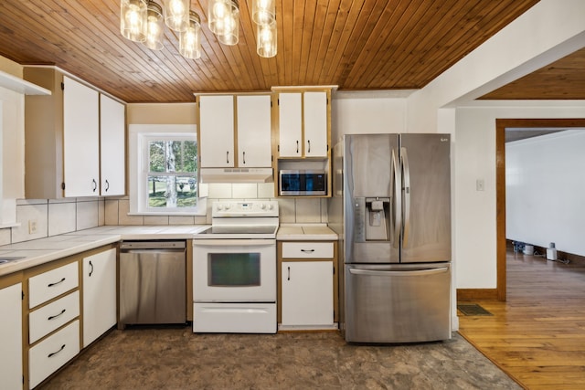 kitchen featuring dark wood-type flooring, white cabinetry, wood ceiling, and stainless steel appliances