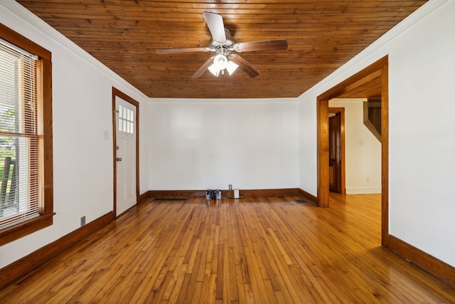 unfurnished room featuring ornamental molding, light hardwood / wood-style floors, wooden ceiling, and a wealth of natural light