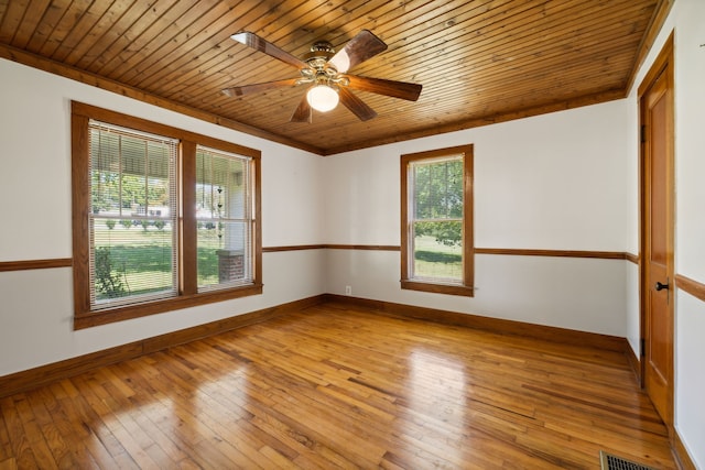 spare room with light hardwood / wood-style flooring, wooden ceiling, and a wealth of natural light