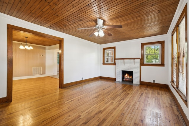 unfurnished living room with ornamental molding, light wood-type flooring, and wood ceiling