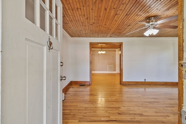 unfurnished room featuring ornamental molding, wood ceiling, light hardwood / wood-style floors, and ceiling fan with notable chandelier