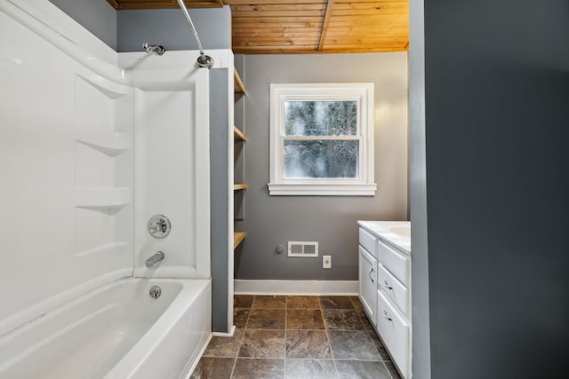 bathroom featuring shower / bathtub combination, wood ceiling, and vanity