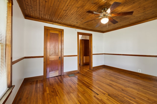 unfurnished bedroom with wood-type flooring, wood ceiling, crown molding, and ceiling fan