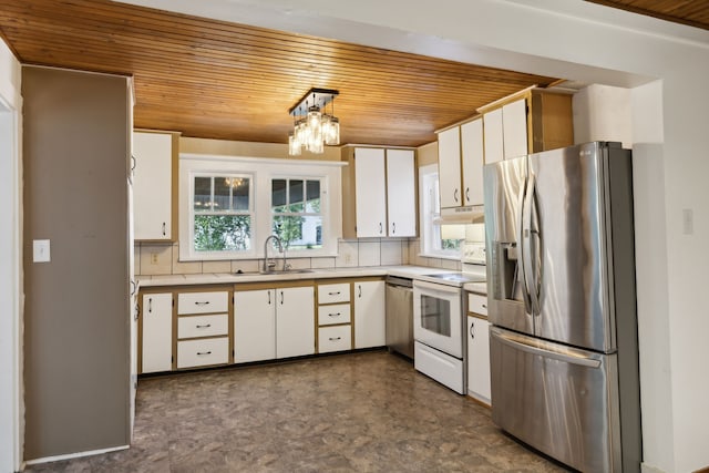 kitchen with wood ceiling, tasteful backsplash, stainless steel appliances, white cabinets, and sink